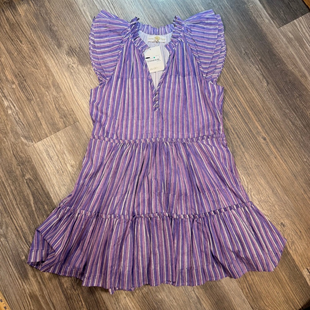 Prairie Romantic Dress Pinstripe Purple Cotton Tiered Mini Flutter Sleeve S NWT